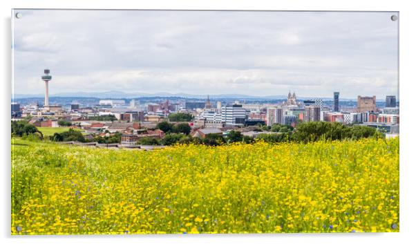 Liverpool skyline over a flower meadow Acrylic by Jason Wells