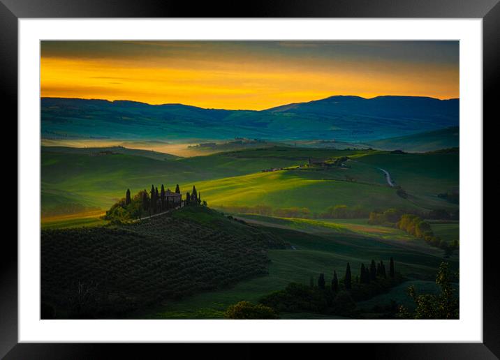 San Quirico D'Orcia At Sunrise Framed Mounted Print by Chris Lord