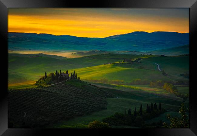San Quirico D'Orcia At Sunrise Framed Print by Chris Lord
