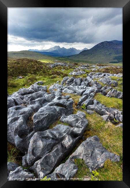 Limestone pavement and Black Cuillin mountains, Suardal, Isle of Skye, Scotland Framed Print by Photimageon UK