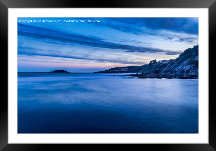 Sun setting over the sea, Looe Island and West Looe. Shot taken from Millendreath. Framed Mounted Print by Lee Kershaw