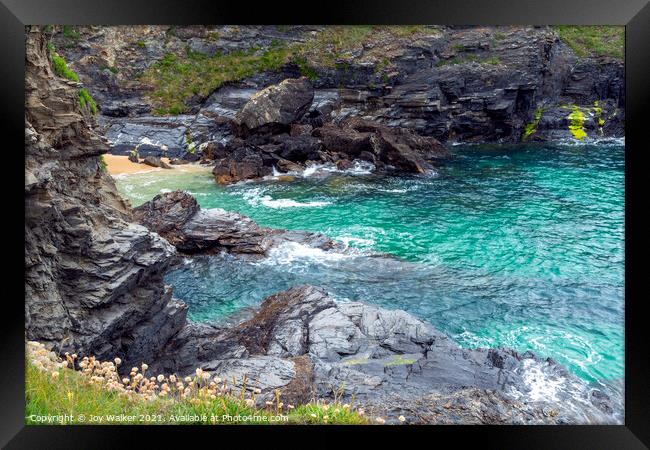 Cliffs and a small beach at Trevose head, Cornwall, UK Framed Print by Joy Walker