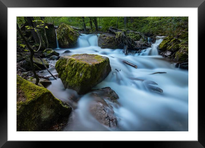 Long exposure image of a wild forest river. Framed Mounted Print by Andrea Obzerova
