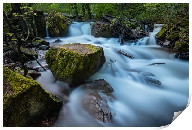 Long exposure image of a wild forest river. Print by Andrea Obzerova