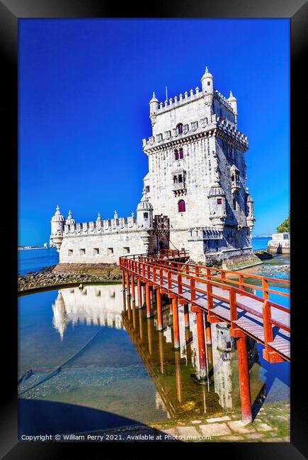 Belem Tower Torre Portuguese Symbol Reflection Lisbon Portugal Framed Print by William Perry