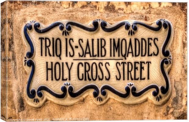Holy Cross Street Mdina Sign  Canvas Print by David Pyatt