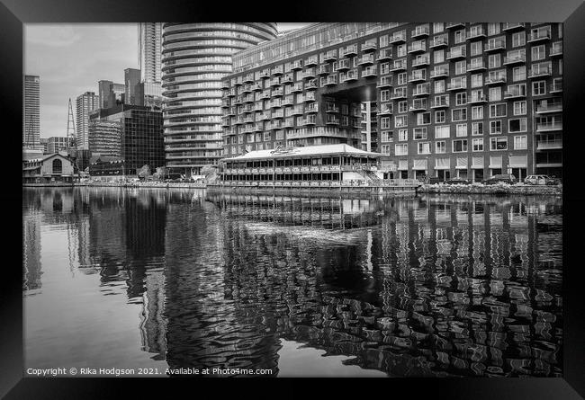 Black & White reflections of skyscrapers, Canary Wharf, London Framed Print by Rika Hodgson