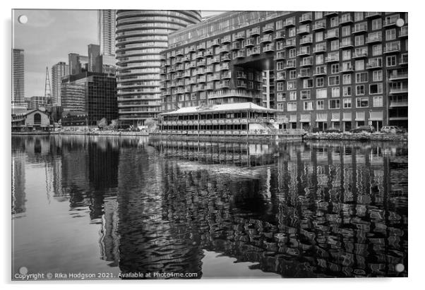 Black & White reflections of skyscrapers, Canary Wharf, London Acrylic by Rika Hodgson