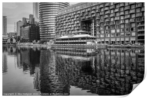 Black & White reflections of skyscrapers, Canary Wharf, London Print by Rika Hodgson