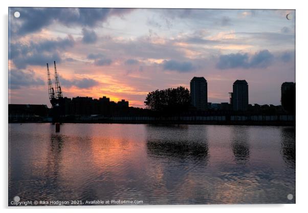 Golden Sunset over Docklands, Canary Wharf, London, UK Acrylic by Rika Hodgson