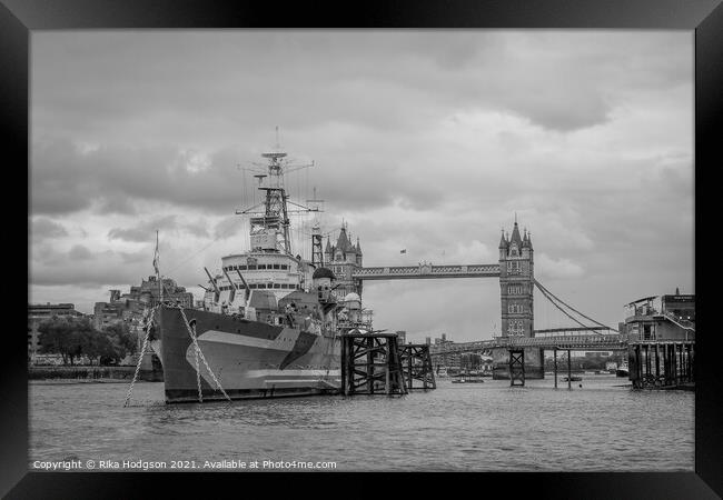 Black& White, War Ship, Tower of London, UK Framed Print by Rika Hodgson