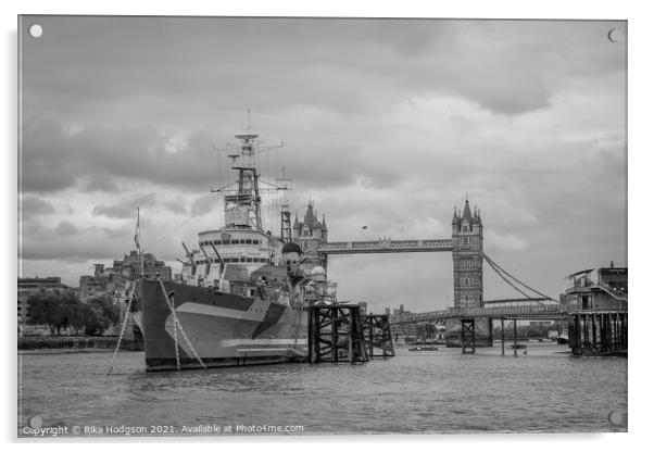 Black& White, War Ship, Tower of London, UK Acrylic by Rika Hodgson