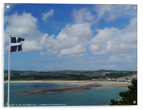 Cornish Flag Over St Micheals Mount  Acrylic by Les Schofield