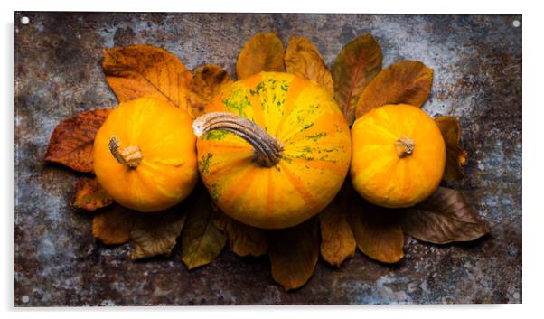 Pumpkins and fallen leaves on dark retro background. Acrylic by Andrea Obzerova