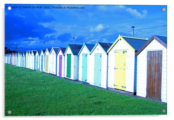 Coloured wooden beach huts in Paignton, Devon Acrylic by SIMON STAPLEY