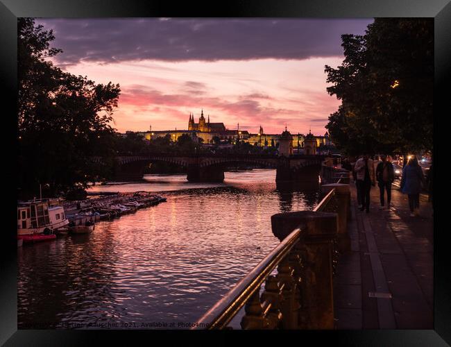 River Vltava in Prague at Sunset  Framed Print by Dietmar Rauscher