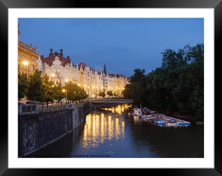 Masaryk Embankment and Slavonic Island in Prague at Night Framed Mounted Print by Dietmar Rauscher
