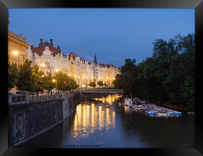 Masaryk Embankment and Slavonic Island in Prague at Night Framed Print by Dietmar Rauscher