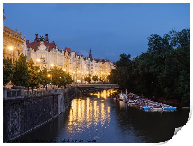 Masaryk Embankment and Slavonic Island in Prague at Night Print by Dietmar Rauscher