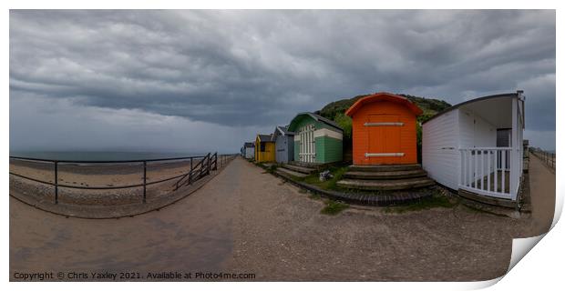 360 panorama of Cromer beach huts Print by Chris Yaxley
