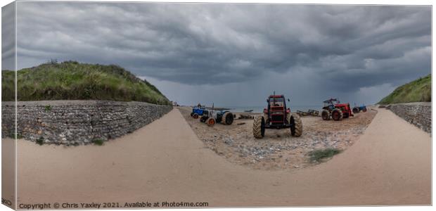 360 Panorama of tractors on Cromer beach, Norfolk Canvas Print by Chris Yaxley
