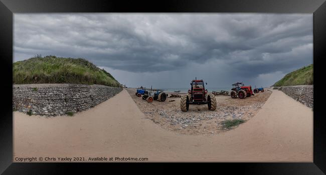 360 Panorama of tractors on Cromer beach, Norfolk Framed Print by Chris Yaxley