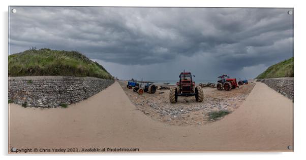 360 Panorama of tractors on Cromer beach, Norfolk Acrylic by Chris Yaxley
