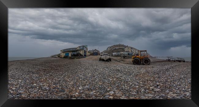 360 degree panorama of fishing boat on Cromer beach Framed Print by Chris Yaxley