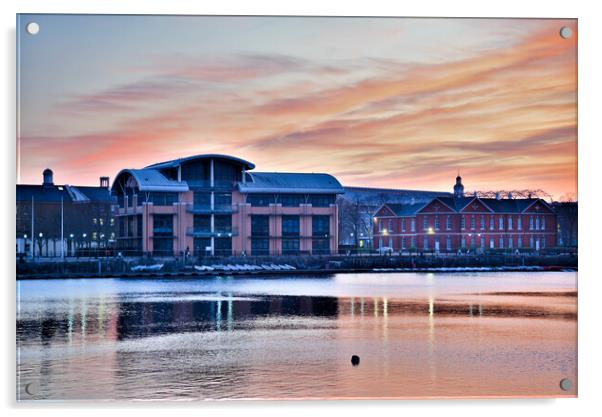 Winter sunset over Bose headquaters uk and Quayside house St Mar Acrylic by stuart bingham