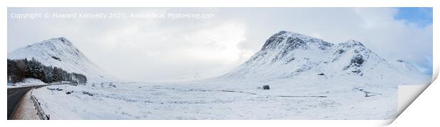 Lagangarbh Cottage beneath Buachaille Etive Mor in winter snow Print by Howard Kennedy