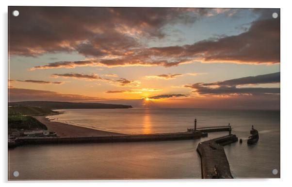 Sunset over Whitby piers Acrylic by Andrew Sharpe