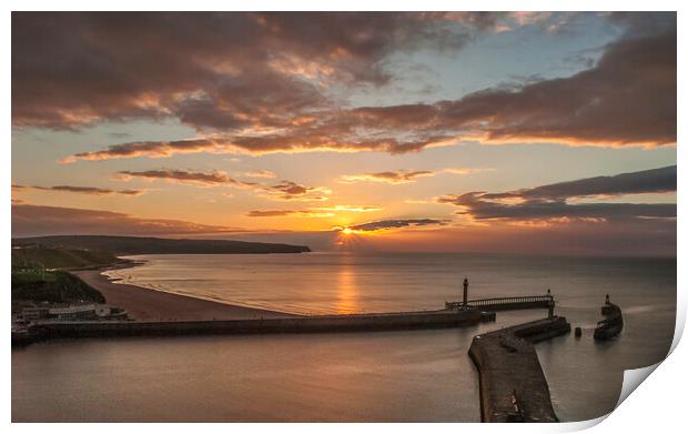 Sunset over Whitby piers Print by Andrew Sharpe