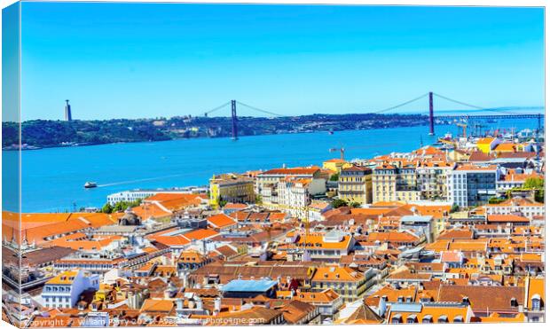 Tagus River Bridge April 25 Orange Roofs Lisbon Portugal Canvas Print by William Perry