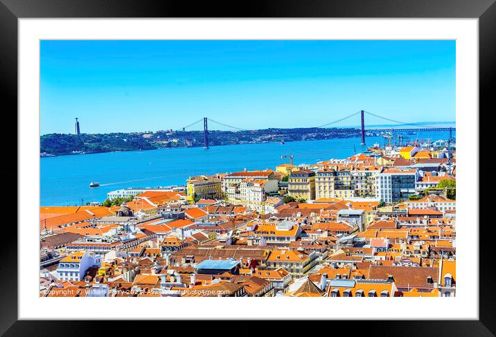 Tagus River Bridge April 25 Orange Roofs Lisbon Portugal Framed Mounted Print by William Perry