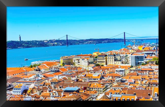 Tagus River Bridge April 25 Orange Roofs Lisbon Portugal Framed Print by William Perry