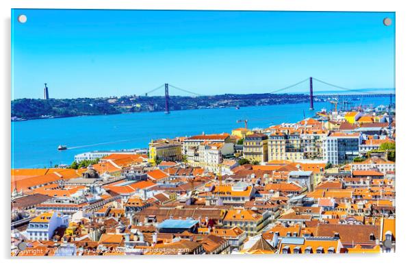 Tagus River Bridge April 25 Orange Roofs Lisbon Portugal Acrylic by William Perry