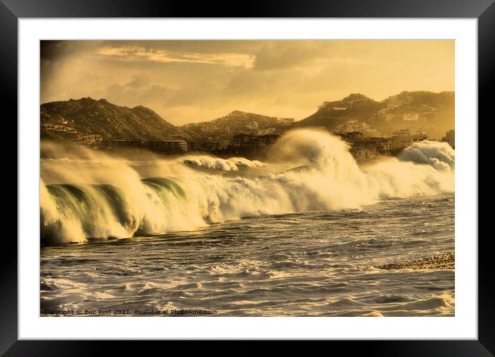 Golden Twilight Storm Surf, Cabo San Lucas Framed Mounted Print by Buz Reid