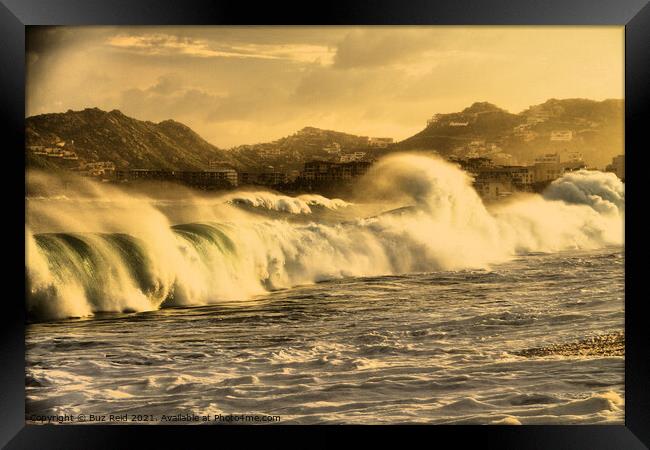 Golden Twilight Storm Surf, Cabo San Lucas Framed Print by Buz Reid