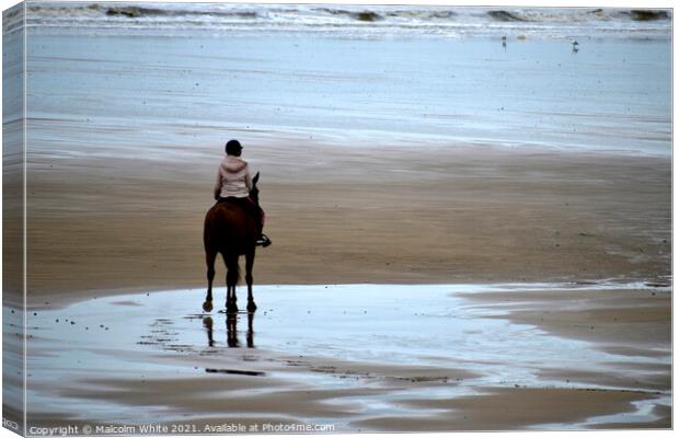 Horse and Rider On Sand Beach France Canvas Print by Malcolm White