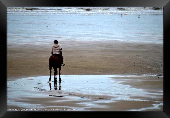 Horse and Rider On Sand Beach France Framed Print by Malcolm White