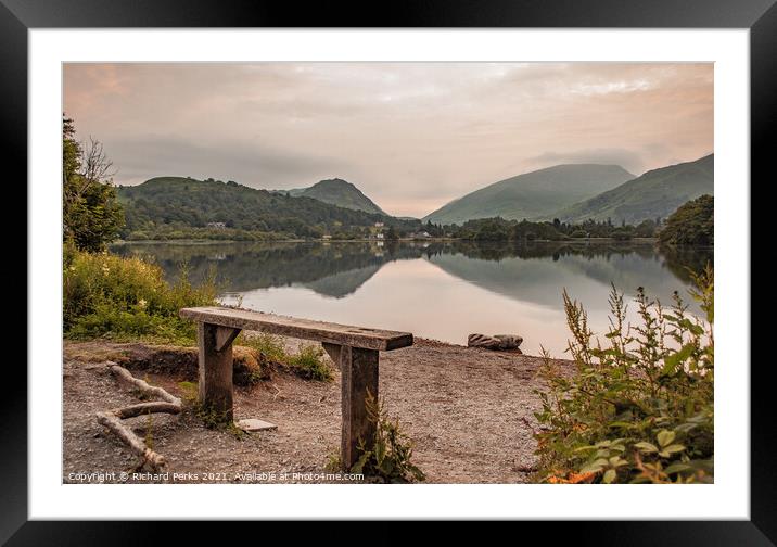 Grasmere wooden seat at Sunrise Framed Mounted Print by Richard Perks
