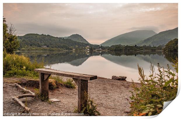 Grasmere wooden seat at Sunrise Print by Richard Perks