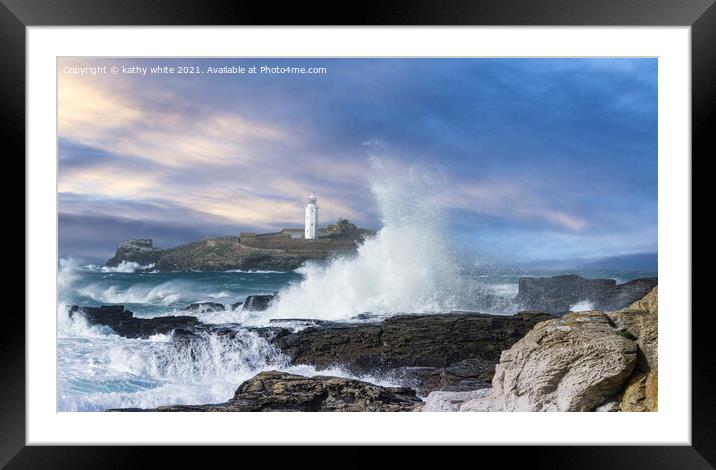 Godrevy lighthouse Cornwall,from  Hayle Beach Framed Mounted Print by kathy white