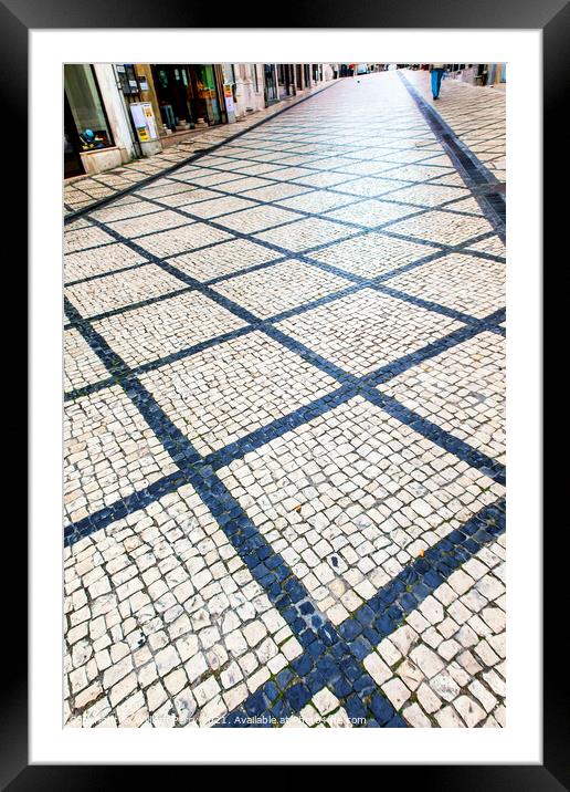 Black White Street Tiles Medieval City Coimbra Portugal Framed Mounted Print by William Perry