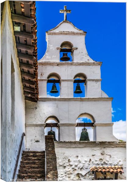 White Adobe Steeple Bells Mission San Diego de Alcala California Canvas Print by William Perry