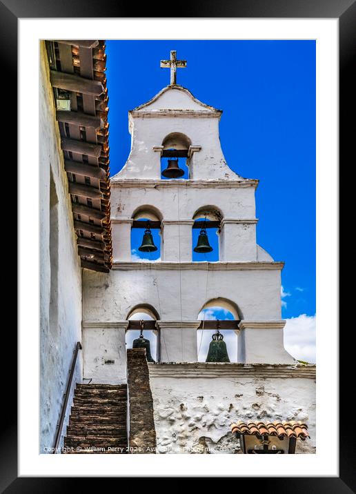 White Adobe Steeple Bells Mission San Diego de Alcala California Framed Mounted Print by William Perry