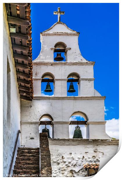 White Adobe Steeple Bells Mission San Diego de Alcala California Print by William Perry