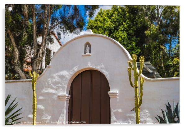 Garden Gate White Adobe Mission San Diego de Alcala California  Acrylic by William Perry