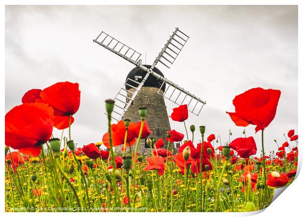Whitburn Windmill with Poppies Print by Gary Clarricoates