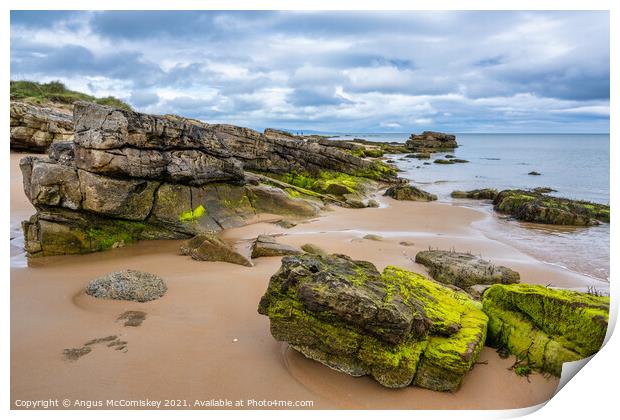 Outcrop of rock on Dornoch beach in Sutherland Print by Angus McComiskey